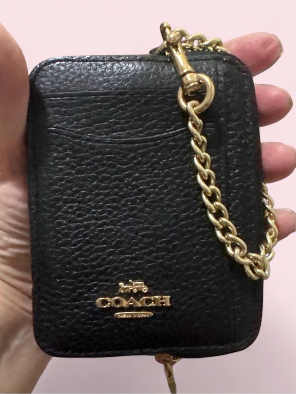 Coach Black Pebbled Leather Card Case with Gold Chain Detail